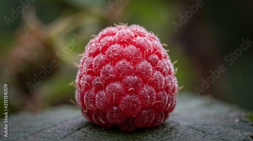 A frosty red raspberry rests on a cool stone surface.