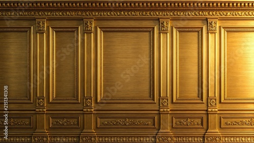 Golden wall paneling features ornate rectangular frames and decorative floral embellishments gilded decor decoration interior