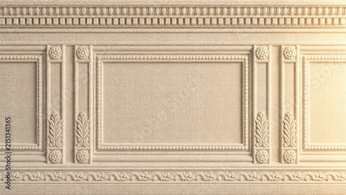 Fotografie Ornate wall paneling with recessed rectangles and floral details presents a clas
