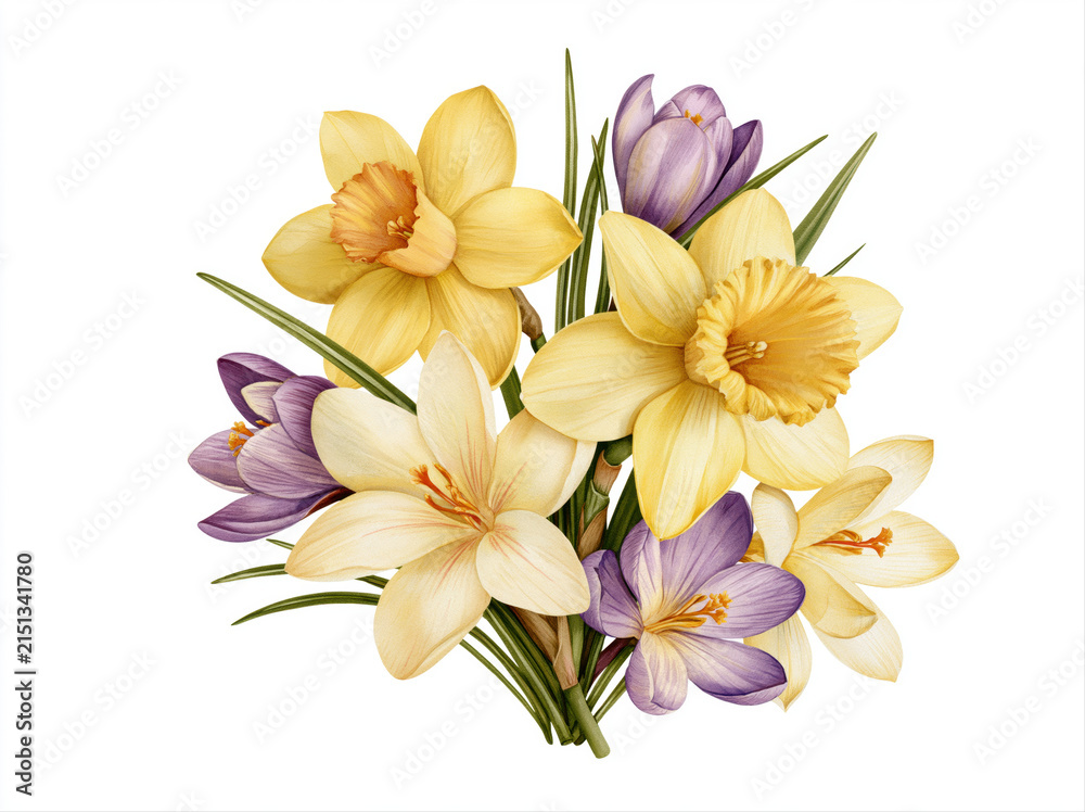 Fototapeta premium A vibrant bouquet of spring flowers, featuring daffodils and crocuses in full bloom, representing the arrival of new life AI generative