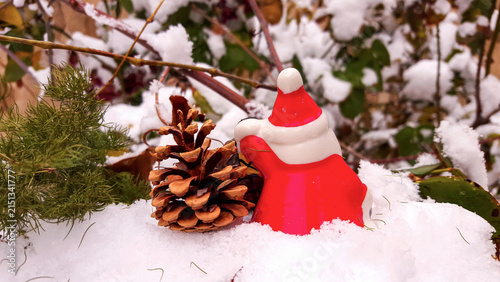 Santa Claus figurine and pinecone in snowy winter setting