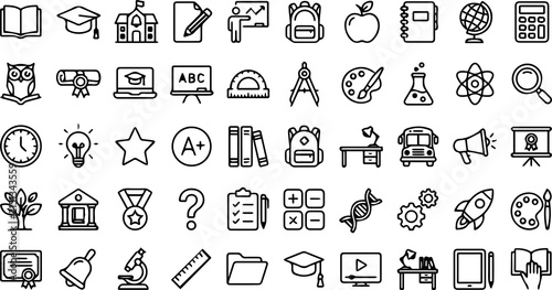 Education Line Icons Set - School, Learning, and Online Education Outline Vector Collection