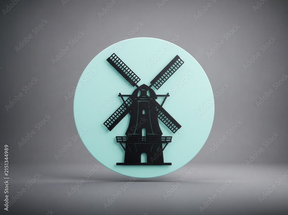 Obraz premium Minimalist windmill icon illustration on pastel mint circular background