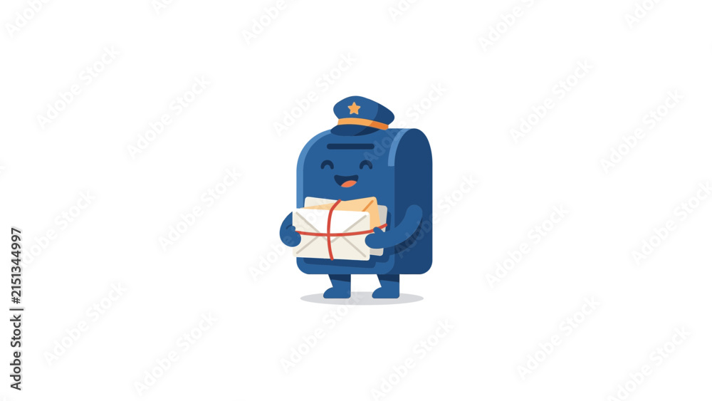 Fototapeta premium Cute blue mailbox mascot holding letters.