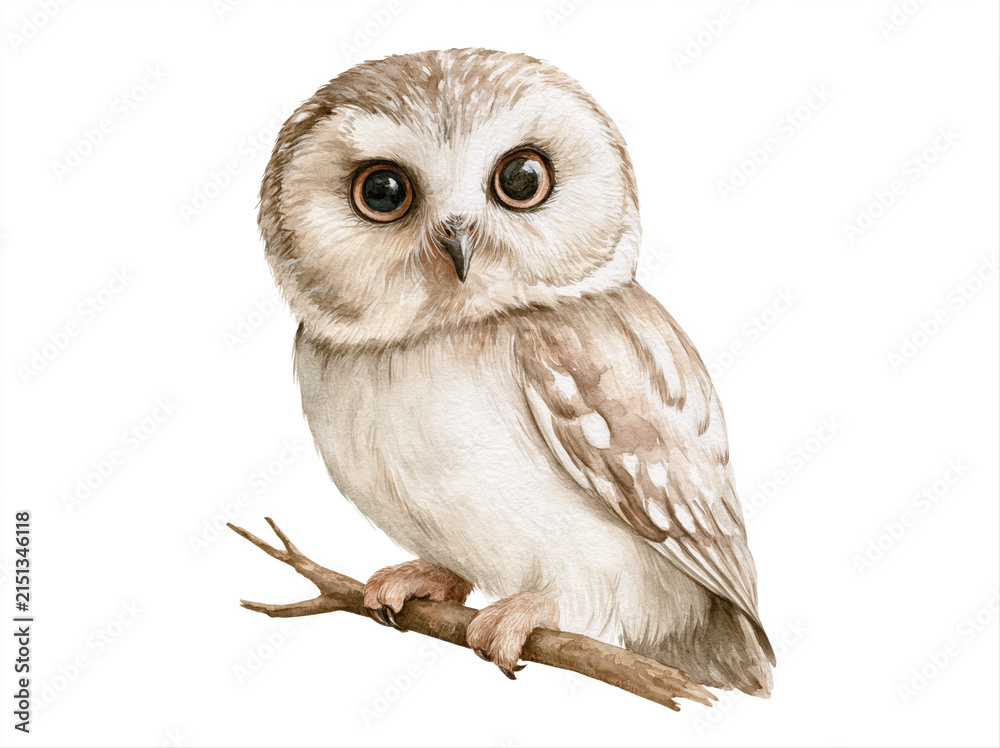 Fototapeta premium A cute little owl perched on a branch, its large, expressive eyes gazing forward. The owl has soft, speckled feathers in shades of brown and white, giving it a gentle appearance AI generative