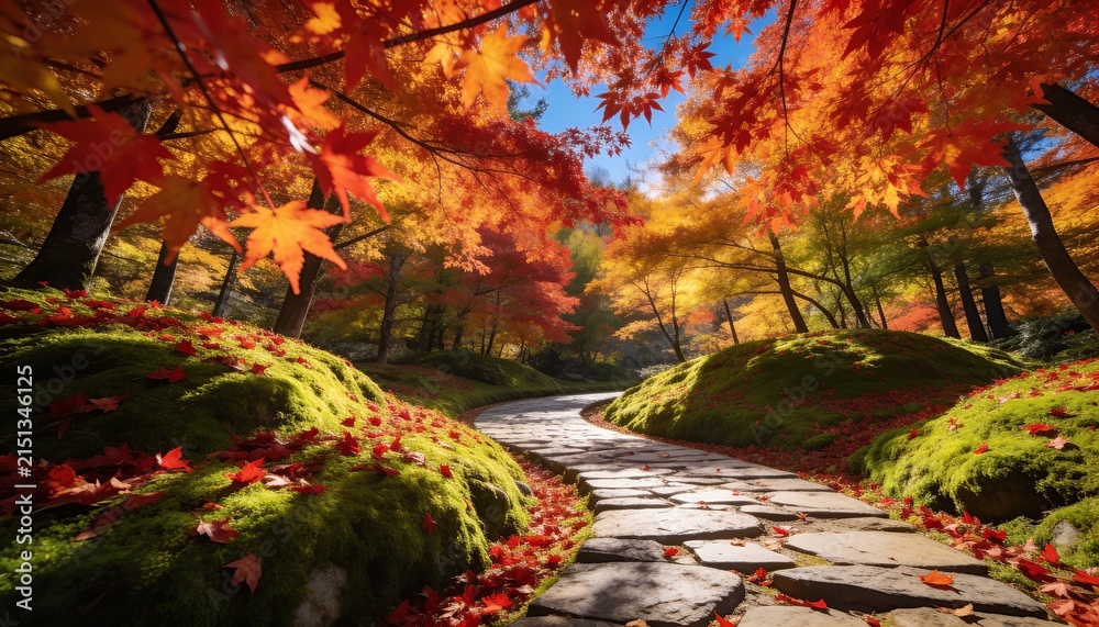 Fototapeta premium autumn garden, maple, stone path, red leaves, scenic trail, fall nature, mossy ground, bright landscape, serene forest, colorful trees, foliage background