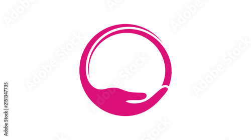Minimalist logo design featuring a stylized pink hand cradling a circle on clean white background