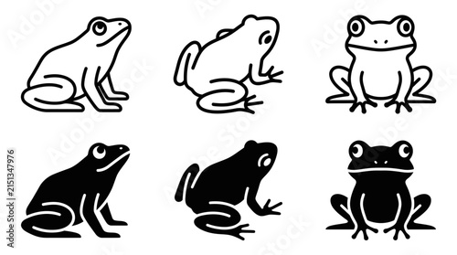 Minimalist black and white frog icons set showing various poses for modern graphic design projects
