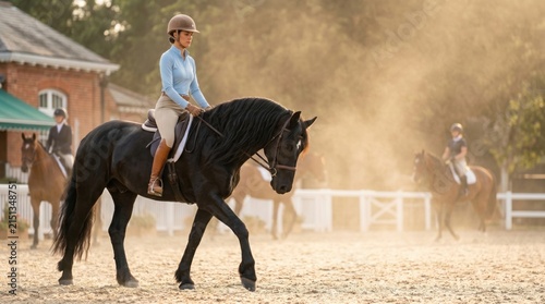 Elegant female equestrian riding a black horse during a golden morning warm-up at a prestigious competition venue