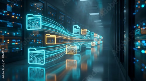 Digital icons of files and folders with circuit board patterns propelled by glowing light streams through modern server racks in a futuristic data center.