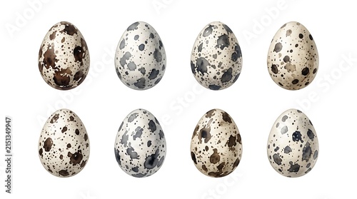 Set of eight realistic quail eggs with unique brown and black speckles isolated on white background
