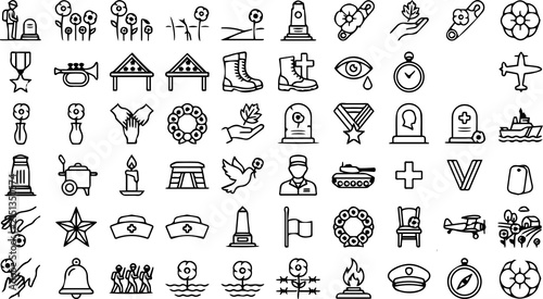Remembrance & Memorial Line Icons Set | Military Tribute, Veterans Day, Peace, Cemetery, Poppy Flower Outline Vector Icons