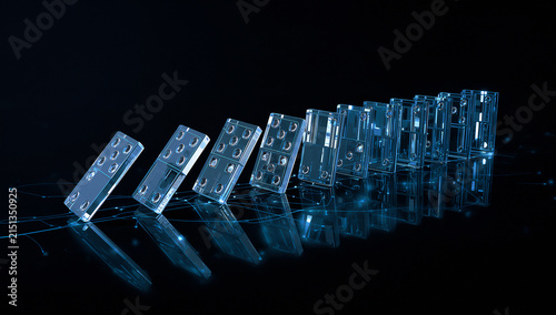 Futuristic digital domino effect illustration with transparent glass domino blocks depicting chain reaction and business risk management