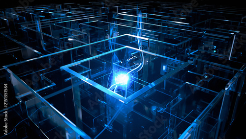 Futuristic glass maze illustration featuring transparent glass labyrinth symbolizing complex strategy, navigation, and problem solving