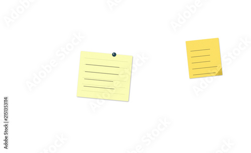 Fotografie Two yellow sticky notes with handwritten text and a push pin for office reminder