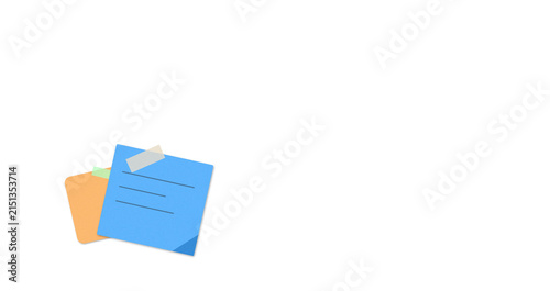 Foto Two colorful sticky note papers with written text lines attached with tape for r