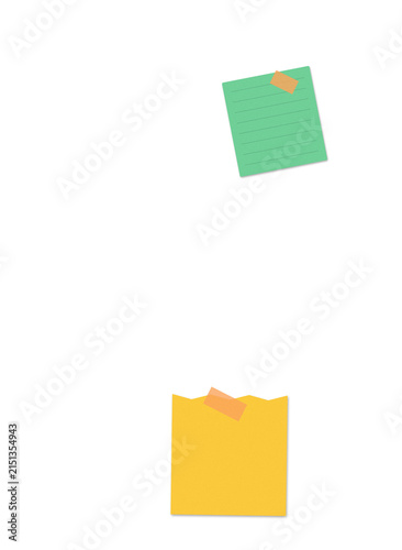 Green and yellow sticky notes with small pieces of tape attached for reminders and office organization tasks on a clean surface for easy planning and writing down daily to do lists