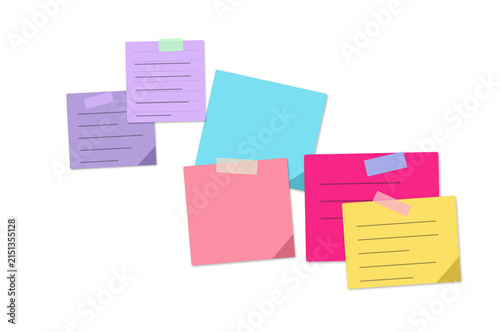 Quadro su tela Colorful sticky notes with handwritten text and adhesive tape pieces arranged in