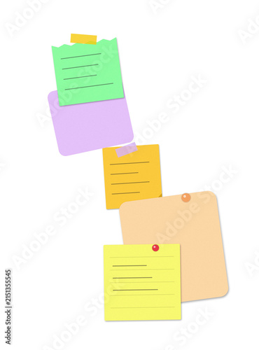 Fotografie Colorful sticky notes and memo paper sheets attached with tape and pins for remi