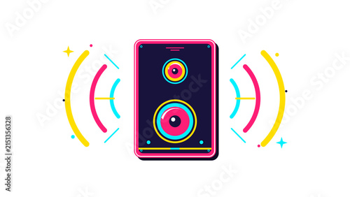 Modern audio speaker playing music with colorful sound waves in flat style