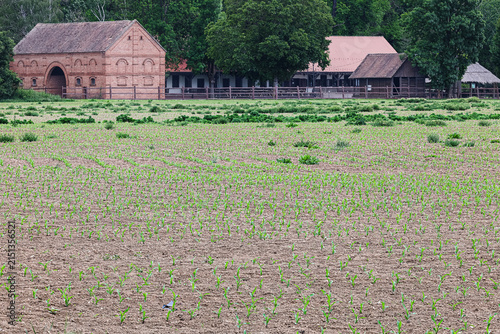 Historic Brick Barn And Farmhouse Amid Lush Green Countryside, Forest And Meadow Landscape