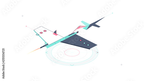 Futuristic airplane flying with geometric shapes and radar lines on white