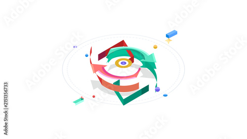 Abstract isometric geometric rotation with colorful curved arrows in 3D
