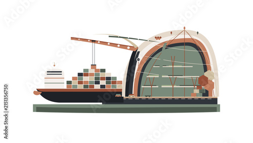 Modern cargo port terminal with container ship and crane unloading freight