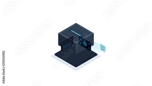 Isometric cyber security server unit scanning QR code with digital camera lens
