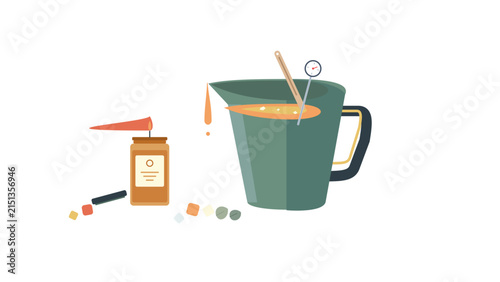 Making scented candles with melting wax pitcher and raw materials on white