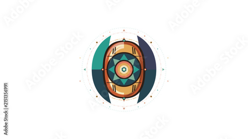 Abstract geometric mandala emblem with tribal shield motif and symmetric shapes
