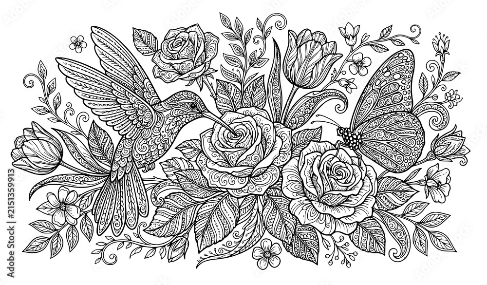 Fototapeta premium Detailed floral bouquet composition with flowers leaves and a hummingbird in decorative line art