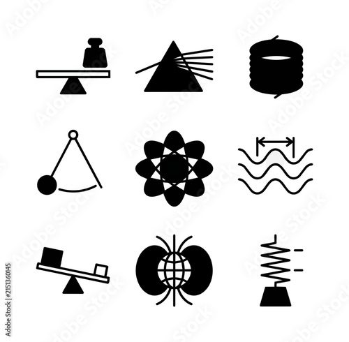 Collection of science and physics icons representing various concepts