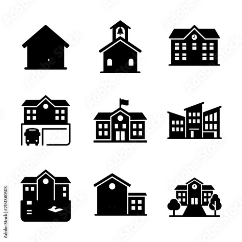 Collection of stylized building icons representing different architecture types