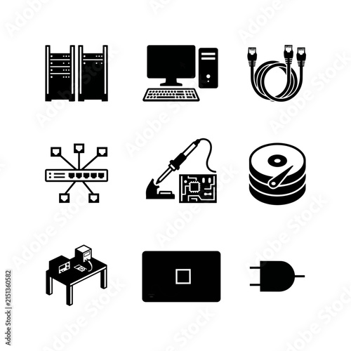 Computer hardware and network components collection icon set