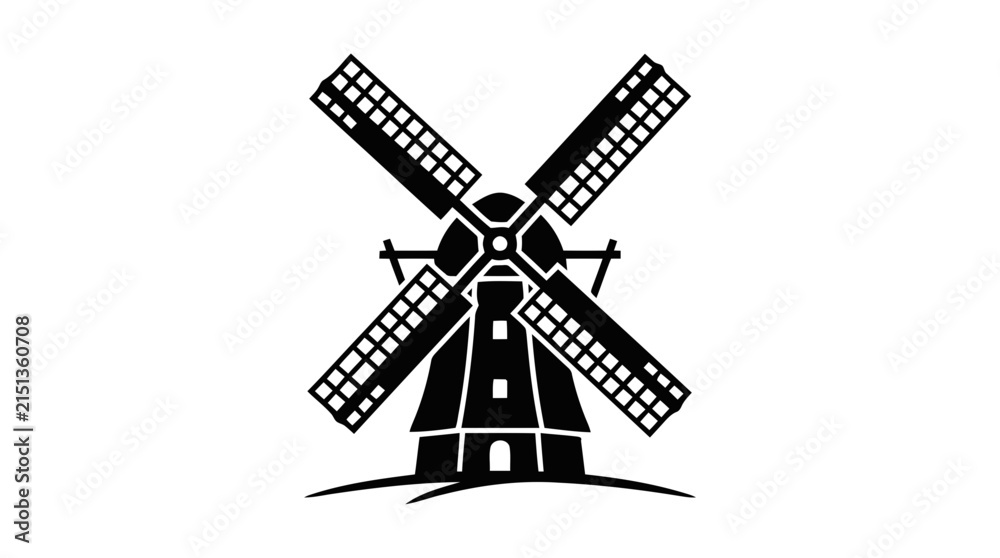 Fototapeta premium Vector illustration of black silhouette of a traditional windmill on a transparent background