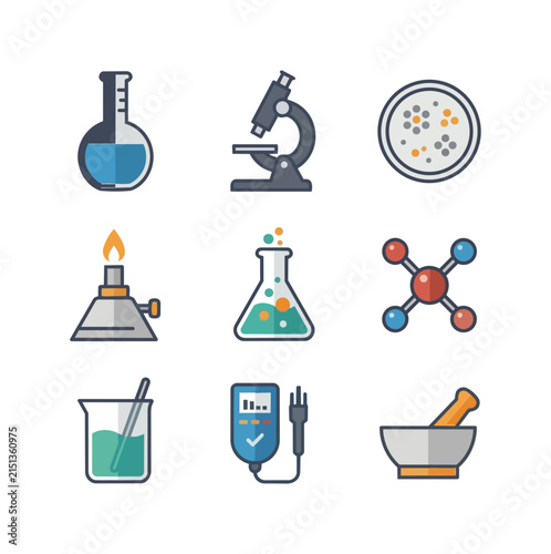 Science laboratory equipment and molecular model illustration