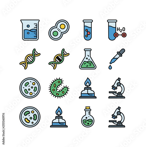 Science laboratory equipment and biology icons set