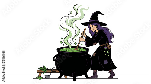Cartoon illustration of a young witch stirring a bubbling magical green potion in a large iron cauldron transparent background