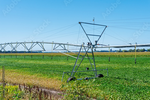 Obraz na płótnie Center pivot irrigation system in a green soybean field on a sunny day