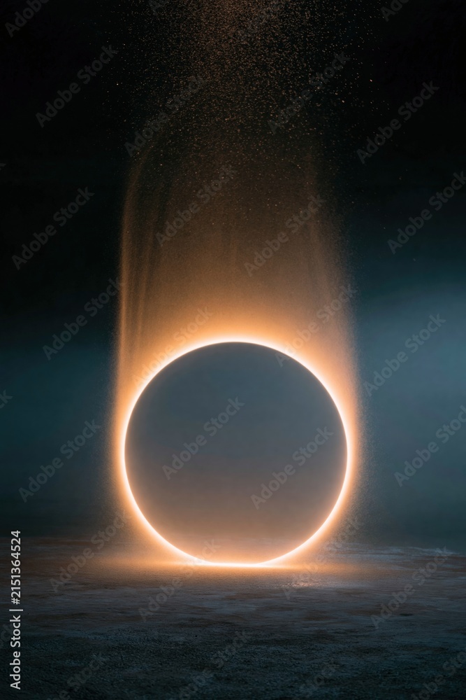 Naklejka premium Glowing ring portal on dark ground with vertical ember trail and orange halo for futuristic banner poster and wallpaper design