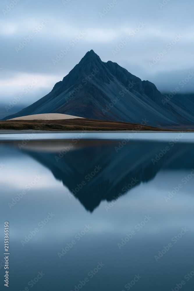 Fototapeta premium Sharp triangular mountain mirrored in glassy water for calming lake wallpaper and vertical nature background design