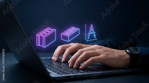 Hands typing on laptop with glowing digital construction and architecture icons overlay