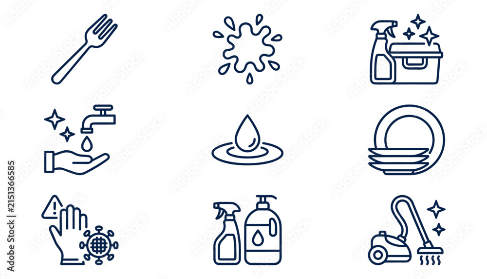 Fototapeta premium Hygiene, Housekeeping, and Dish Washing Line Icon Set with Vacuum Cleaner, Spray Bottle, Hand Washing, and Sanitizing Symbols for Website and App Layouts