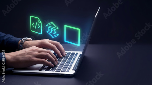 Hands typing on laptop keyboard with glowing digital file format icons for software development