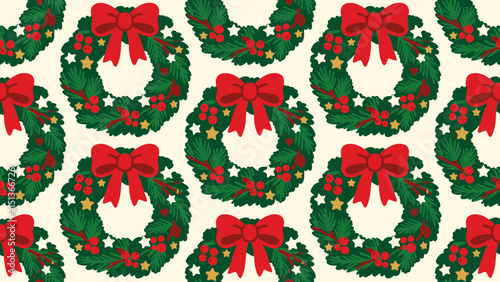 Christmas wreath seamless pattern with red bows and berries on cream background