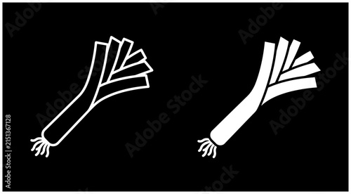 Set of Two Leek Vegetable Icons in White Outline and Silhouette