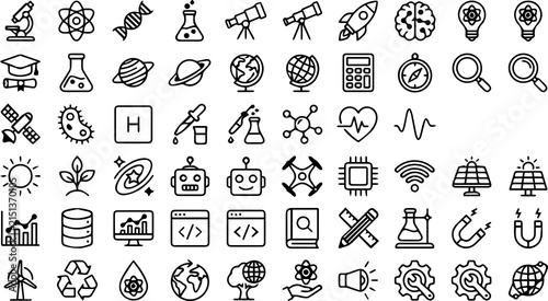 Science & Technology Line Icons Set – STEM, Research, AI, Space, Engineering & Innovation Outline Vector Icons
