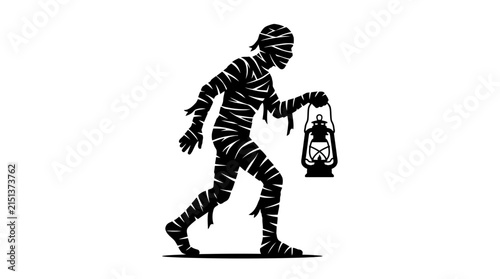 Bild auf Leinwand Silhouette of a mummy carrying a lantern against a white background