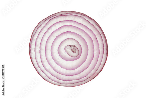 Raw red onion slice, clean composition, plain white background, natural texture, vibrant colors, concentric rings, fibrous material, even lighting